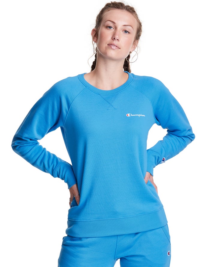 Champion Sweatshirt Dames - Blauw - Powerblend Fleece Classic Crew Script Logo ( 310785-UPV )